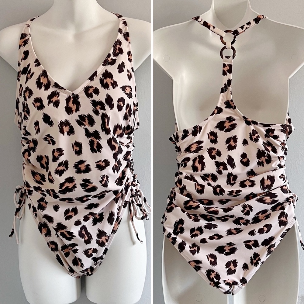 Kona Sol Leopard V-neck Racerback One Piece Swimsuit in Cream โข M - Picture 2 of 7